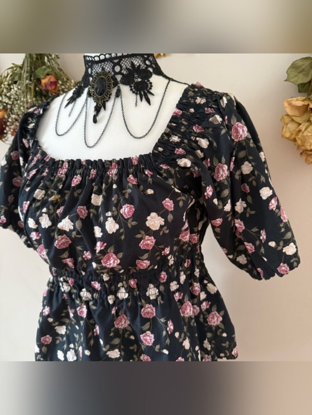 Celebrity Pink Black Floral Off-Shoulder Smocked Peplum Blouse